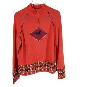 TIMBERLEA Women's Large Mock Neck Novelty Horse Sweater with Embroidery Details